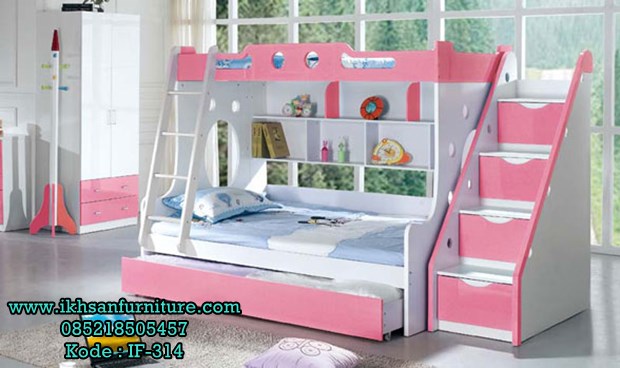 Tempat Tidur Anak Perempuan Tingkat Putih Pink