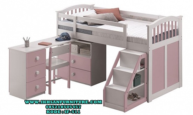 Tempat Tidur Anak Meja Belajar Pink Putih